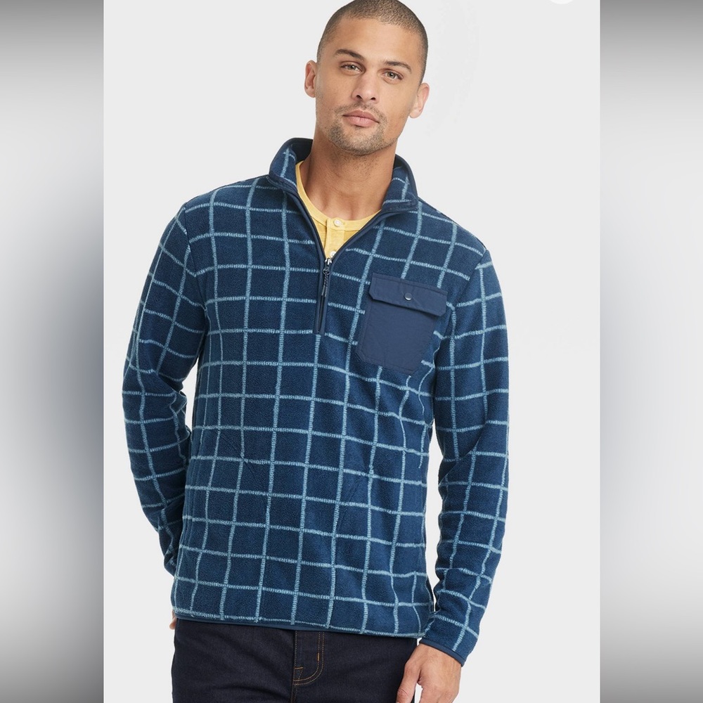 NWT Goodfellow & Co. Men’s Quarter Zip Fleece Pullover Blue Plaid Sweatshirt